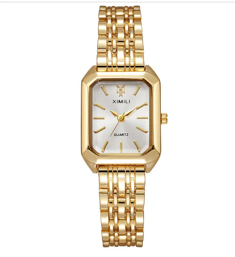 Montre femme carrée avec cadran blanc, bracelet en acier inoxydable doré, mouvement