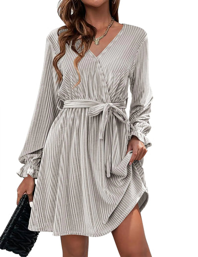 Robe en velours HOTOUCH pour femme, robe portefeuille formelle à col en V avec ceinture, robe à manches longues en velours, robe de soirée, robe de club d'hiver, robes de cocktail formelles, grise, grande taille.