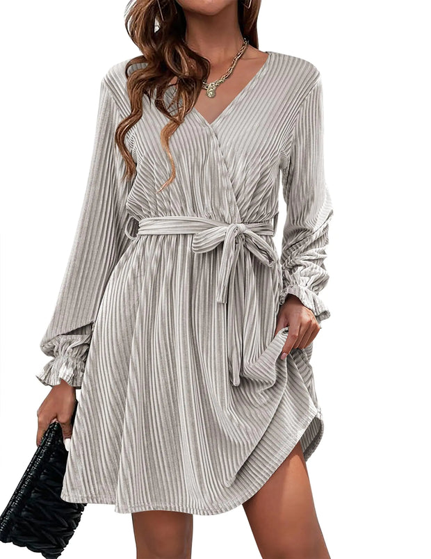 Robe en velours HOTOUCH pour femme, robe portefeuille formelle à col en V avec ceinture, robe à manches longues en velours, robe de soirée, robe de club d'hiver, robes de cocktail formelles, grise, grande taille.