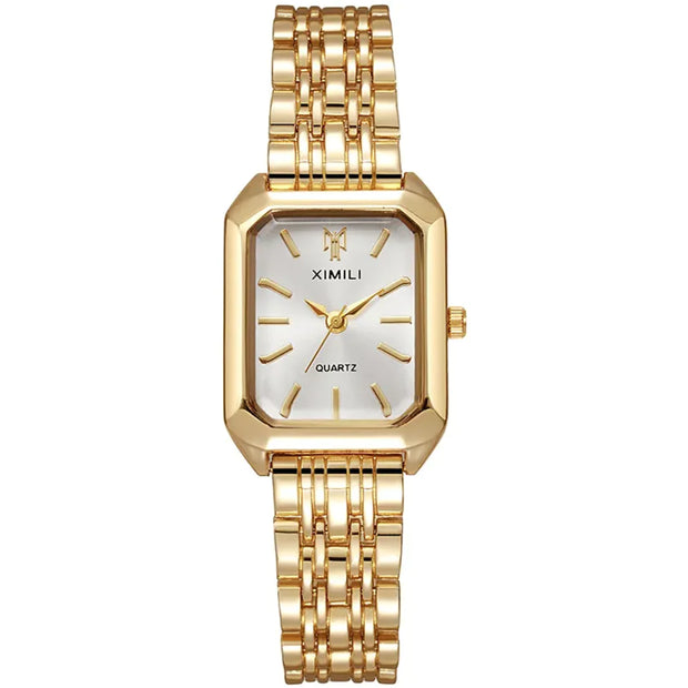 Montre femme carrée en acier avec cadran blanc et bracelet doré, élégante et minimaliste.