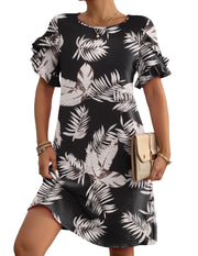 Robe d'été mi-longue à fleurs pour femmes, style décontracté, col rond, manches courtes, style chemise, tenue de plage, taille L.