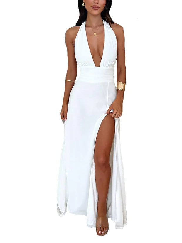 Robe dos nu sexy Ekaliy pour femme, robe longue blanche à fente haute avec nœud papillon et dos nu, taille 2XL.