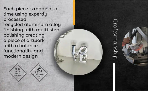Accessoire déco moderne en aluminium recyclé avec finition argentée et design artistique 'LOVE'