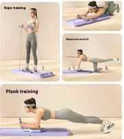 Planche de fitness multifonction avec exercices variés incluant étirements et entraînement avec élastiques
