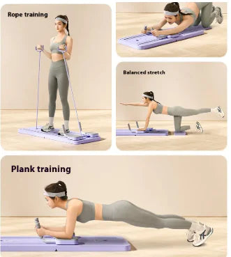 Planche de fitness multifonction avec exercices variés incluant étirements et entraînement avec élastiques
