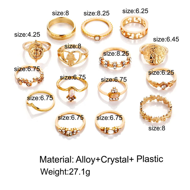 Vintage women's ring set with gold tones, various designs, and sizes from Beautysky.