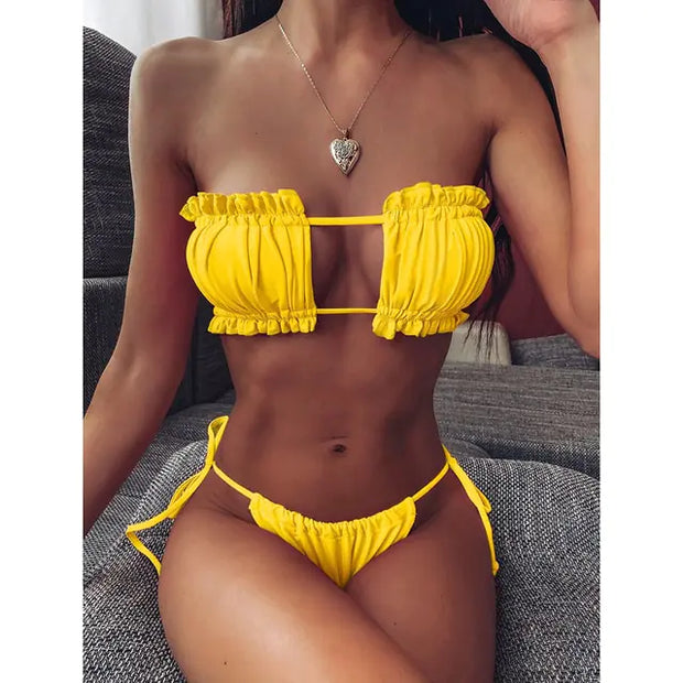 Bikini bandeau plissé jaunâtre Beautysky élégance plage.