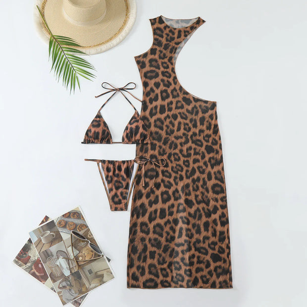 Maillot de bain bikini imprimé léopard avec robe assortie et détails en lien
