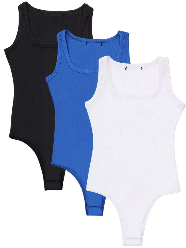 Ensemble de trois bodies femme confortable en noir, bleu et blanc pour un style décontracté