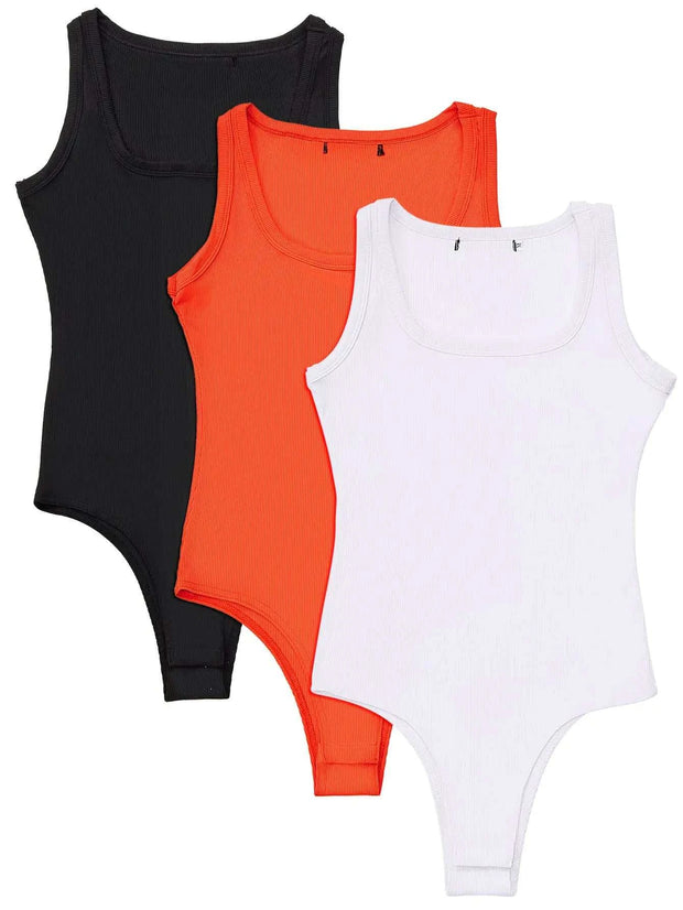 Ensemble de trois bodys femme confortable en noir, orange et blanc avec bretelles larges