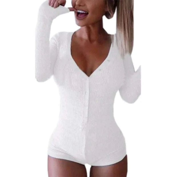 Body moulant femme Beautysky blanc avec manches longues et décolleté en V