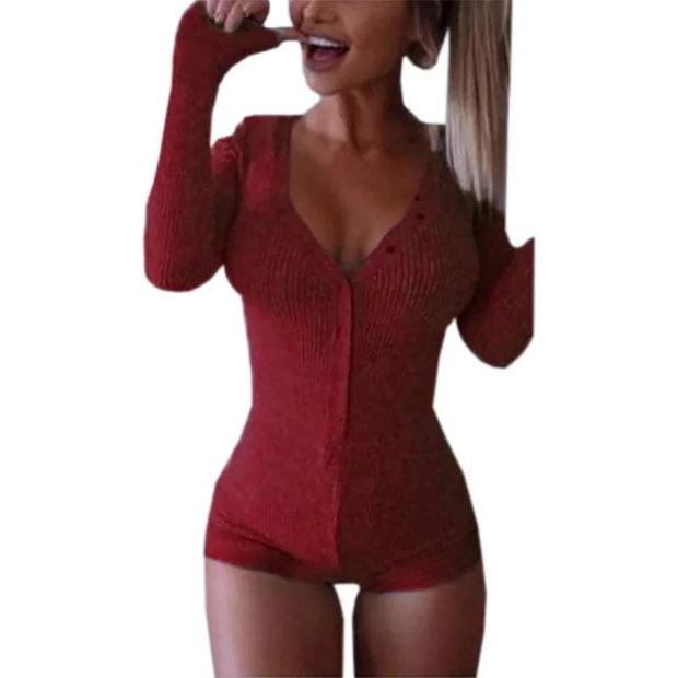 Body moulant femme en rouge avec manches longues et décolleté en V pour un look élégant