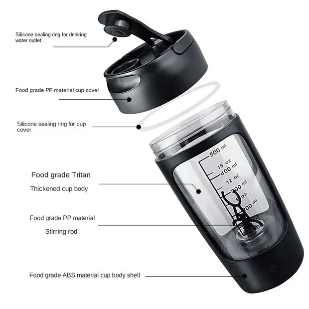 Bouteille shaker protéine électrique Beautysky en Tritan avec couvercle en silicone et barre d'agitation