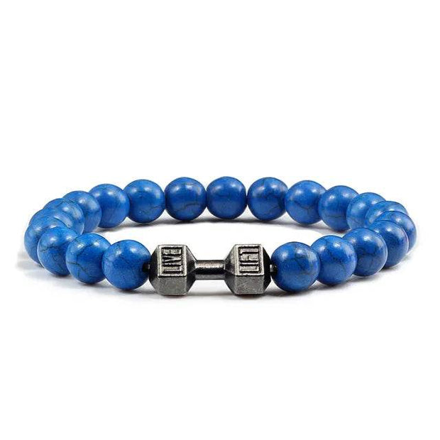 Bracelet pierre volcanique avec perles bleues et pendentif en forme d'haltère pour un style unique