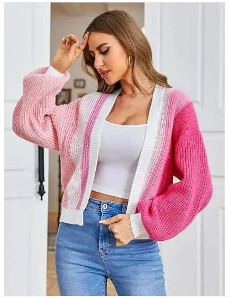 Cardigan ample femme en tricot rose dégradé avec des manches bouffantes pour un look décontracté