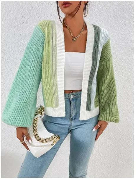 Cardigan ample femme coloré avec manches bouffantes, parfait pour un look décontracté et tendance
