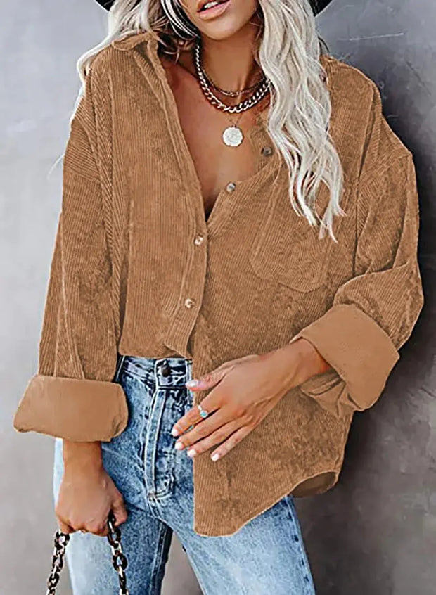 Chemise décontractée pour femmes Beautysky en velours côtelé beige, style ample et élégant