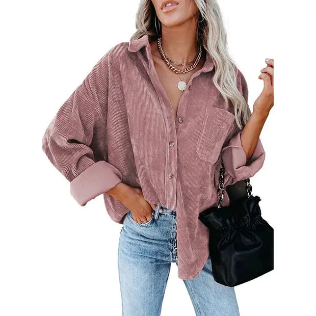 Chemise décontractée pour femmes Beautysky en velours rose avec poches et col classique