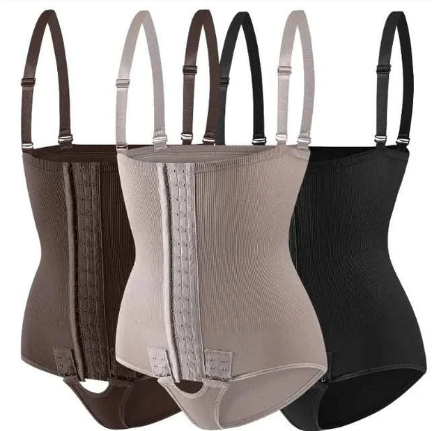 Trois combinaisons amincissantes ajustables en nuances marron, beige et noir pour un ajustement confortable