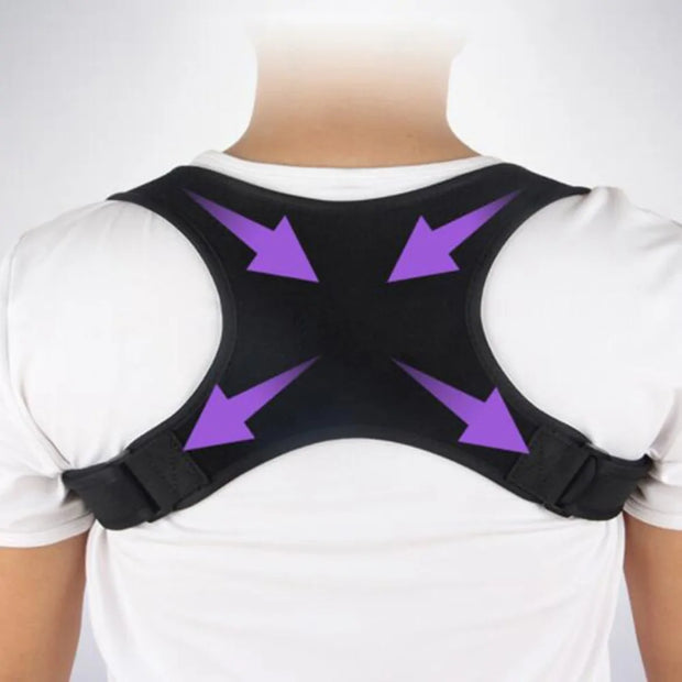 Correcteur de posture réglable en noir, conçu pour améliorer l'alignement spinal et offrir un soutien ergonomique.