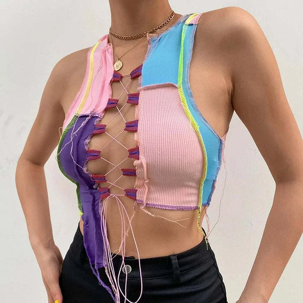 Débardeur femme chic multicolore avec un design en lacets et une coupe tendance