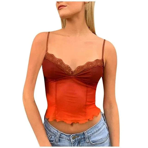 Débardeur femme chic en dégradé de rouge, avec dentelle et bretelles ajustables