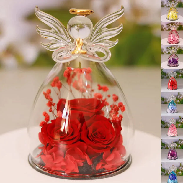 Décoration bouteille en verre fleur séchée avec des roses rouges et un couvercle en forme d'ange
