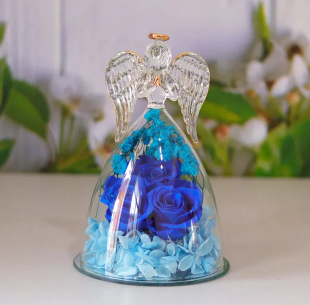 Décoration bouteille en verre fleur séchée avec un ange et des roses bleues élégantes