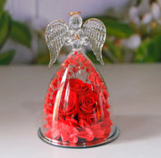 Décoration bouteille en verre fleur séchée avec un ange en cristal et des roses rouges à l'intérieur