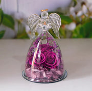 Décoration bouteille en verre fleur séchée avec ange en verre et roses pour une décoration élégante