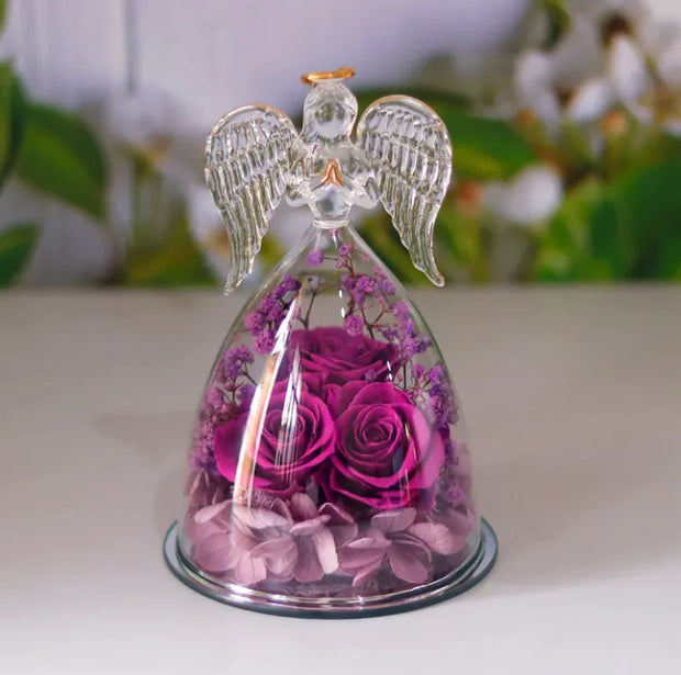 Décoration bouteille en verre fleur séchée avec ange en verre et roses pour une décoration élégante