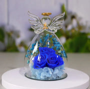 Déco élégante en verre avec une fleur séchée et des roses bleues, décoration bouteille en verre fleur séchée