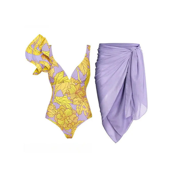 lavender ruffled swimsuit set with matching wrap skirt