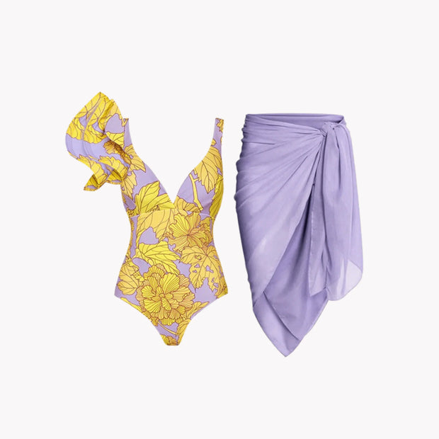 Ensemble maillot de bain lavande à volants, combinaison élégante pour la plage et la piscine.