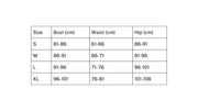 Size chart for lavender ruffle swimsuit set featuring measurements for bust, waist, and hip in centimeters for sizes S to XL.