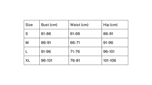 Size chart for lavender ruffle swimsuit set featuring measurements for bust, waist, and hip in centimeters for sizes S to XL.