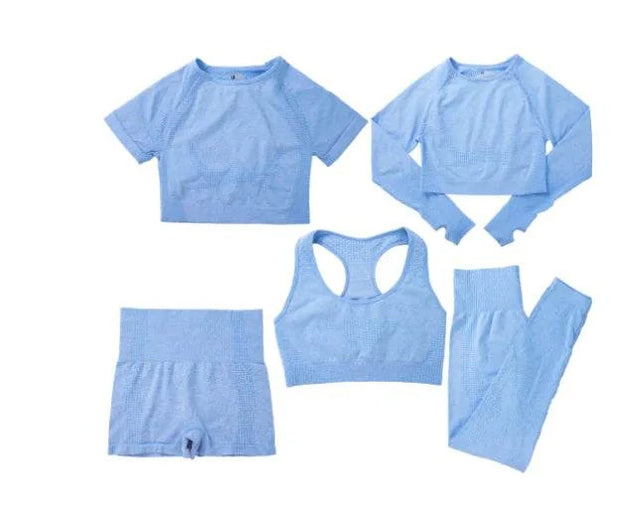 Ensemble yoga pour femmes tendance en bleu avec haut court, brassière, short et leggings