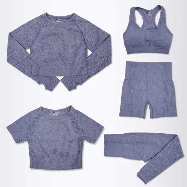 Ensemble yoga pour femmes tendance en bleu gris, comprenant un haut, un soutien-gorge et un legging