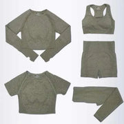 Ensemble yoga pour femmes tendance en vert, comprenant un haut à manches longues, un soutien-gorge, un short et un legging