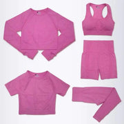 Ensemble yoga pour femmes tendance en rose avec crop top, soutien-gorge, short et leggings
