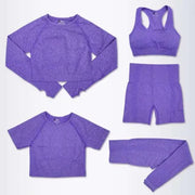 Ensemble yoga pour femmes tendance en violet avec haut à manches longues, brassière et leggings