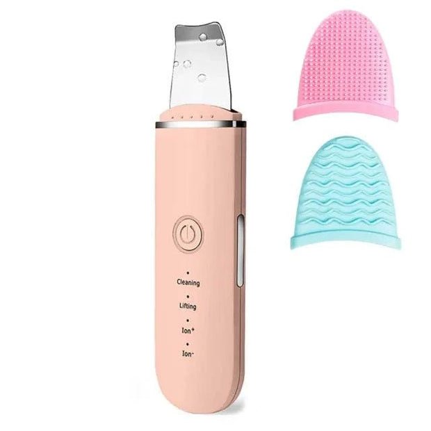 Ultrasonic skin scrubber with attachments for exfoliating and cleansing, pink design, compact and portable.