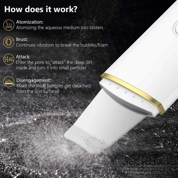 Épurateur de peau ultrasons Beautysky montrant les étapes de fonctionnement pour un nettoyage en profondeur