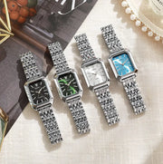 Montre femme rectangulaire, bracelet en acier, cadran