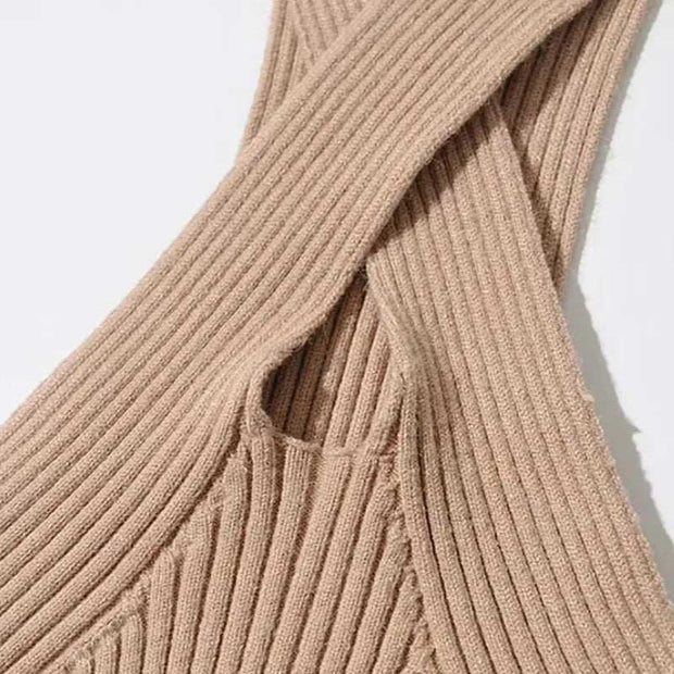 Haut corset croisé femme en ribbe beige avec une coupe élégante et moderne