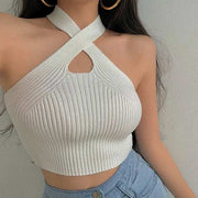 Haut corset croisé femme en tissu côtelé avec col croisé et détail ouvert