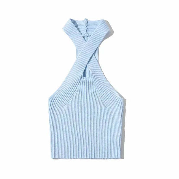 Haut corset croisé femme en bleu clair avec un design à dos nu et une texture côtelée