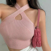 Haut corset croisé femme en rose avec un design côtelé et un décolleté moderne