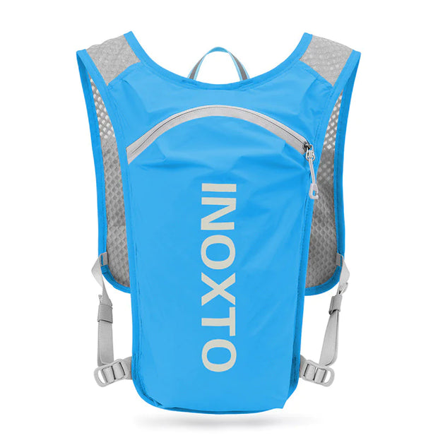 Sac à dos hydratation running bleu avec poche zipée et bretelles réglables pour coureurs