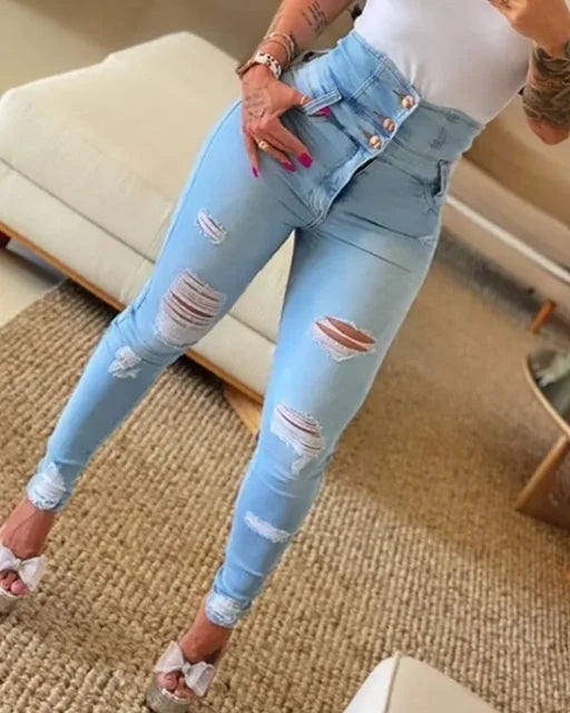 Jean déchiré taille haute Beautysky en denim clair avec détails raffinés et style tendance